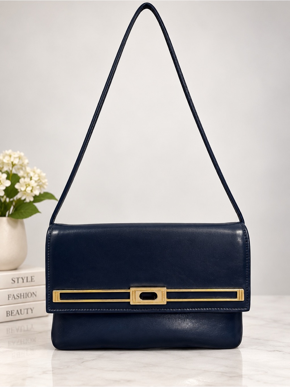 Vintage 1970s Navy Blue Leather Shoulder Bag Clutch Gold Hardware 1978